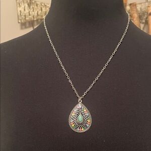 Silver Multicolor Teardrop Pendant Necklace